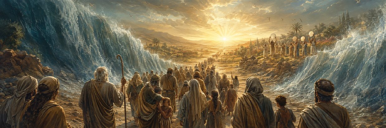 Families cross a dry path through parted waters toward sunrise while musicians prepare a song on the far shore